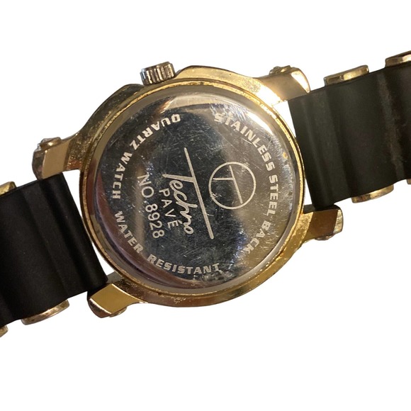 Techno Pave Men’s Gold Watch Rhinestone Black Silicone Watch - Picture 4 of 7